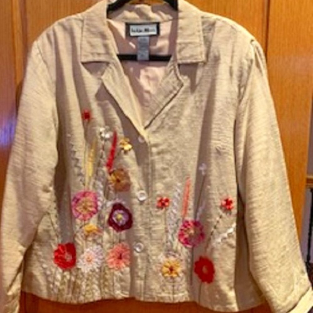 Indigo Moon Jacket Beige Embroidered Floral Appliques Front and Back Sz: XL